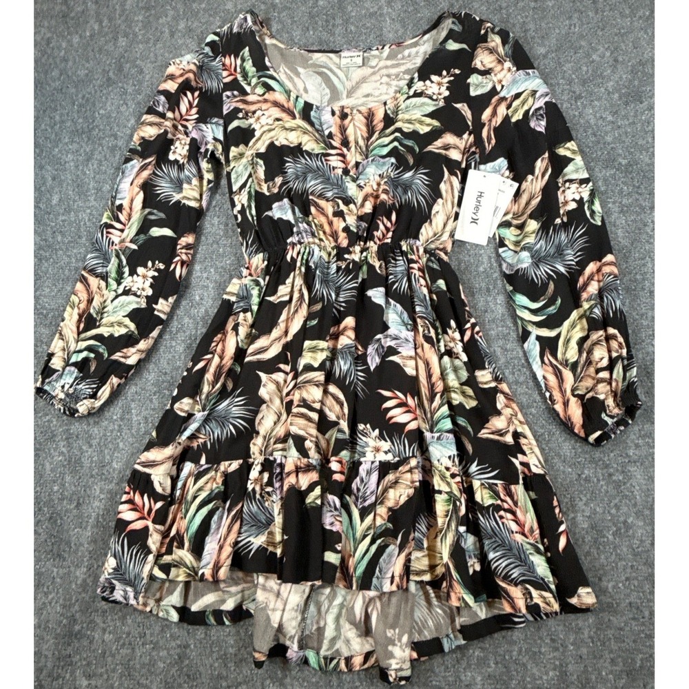 Hurley Womens Small Tropical Palm Print Long Sleeve Mini Dress Black NWT